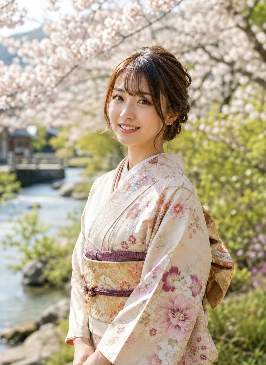 桜と着物のポートレート